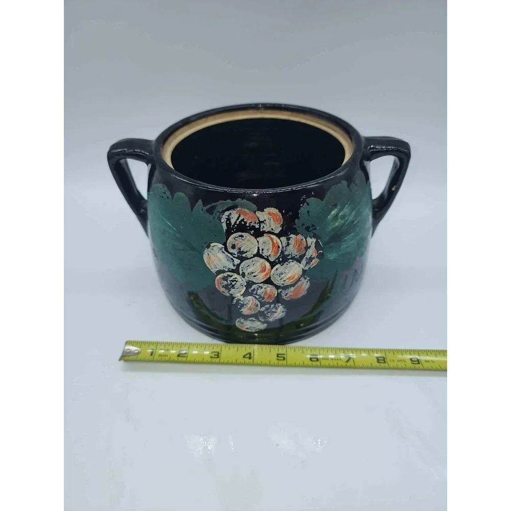 Vintage Black Ceramic Hand Painted Grape Bean Pot Cookie Jar with Lid 2 Handle